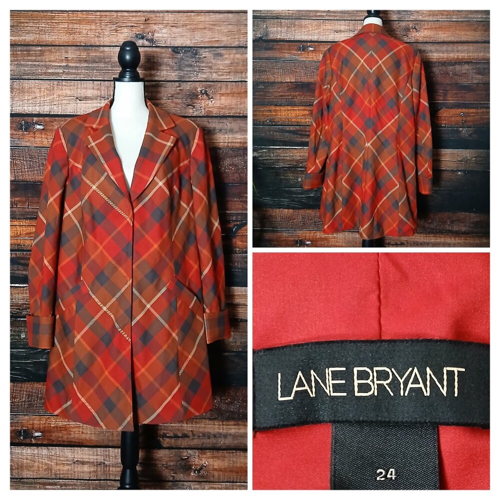 Lane Bryant Long Jacket 24 Autumn Plaid Cuffed Sleeve Snap Front Lined Pockets